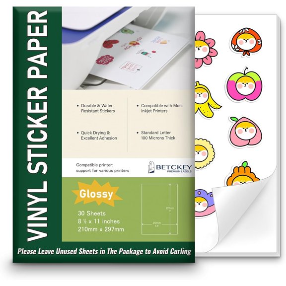 Glossy Printable Vinyl Sticker Paper for Inkjet & Laser Printer - 30 Sheets - 8.5" x 11" - Waterproof, Dries Quickly Vivid Colors