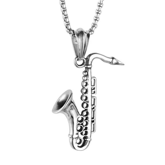 PAMTIER Unisex Stainless Steel Creative Retro European and American Style Musical Instruments Saxophone Flute Pendant Punk Necklace Silver with Chain