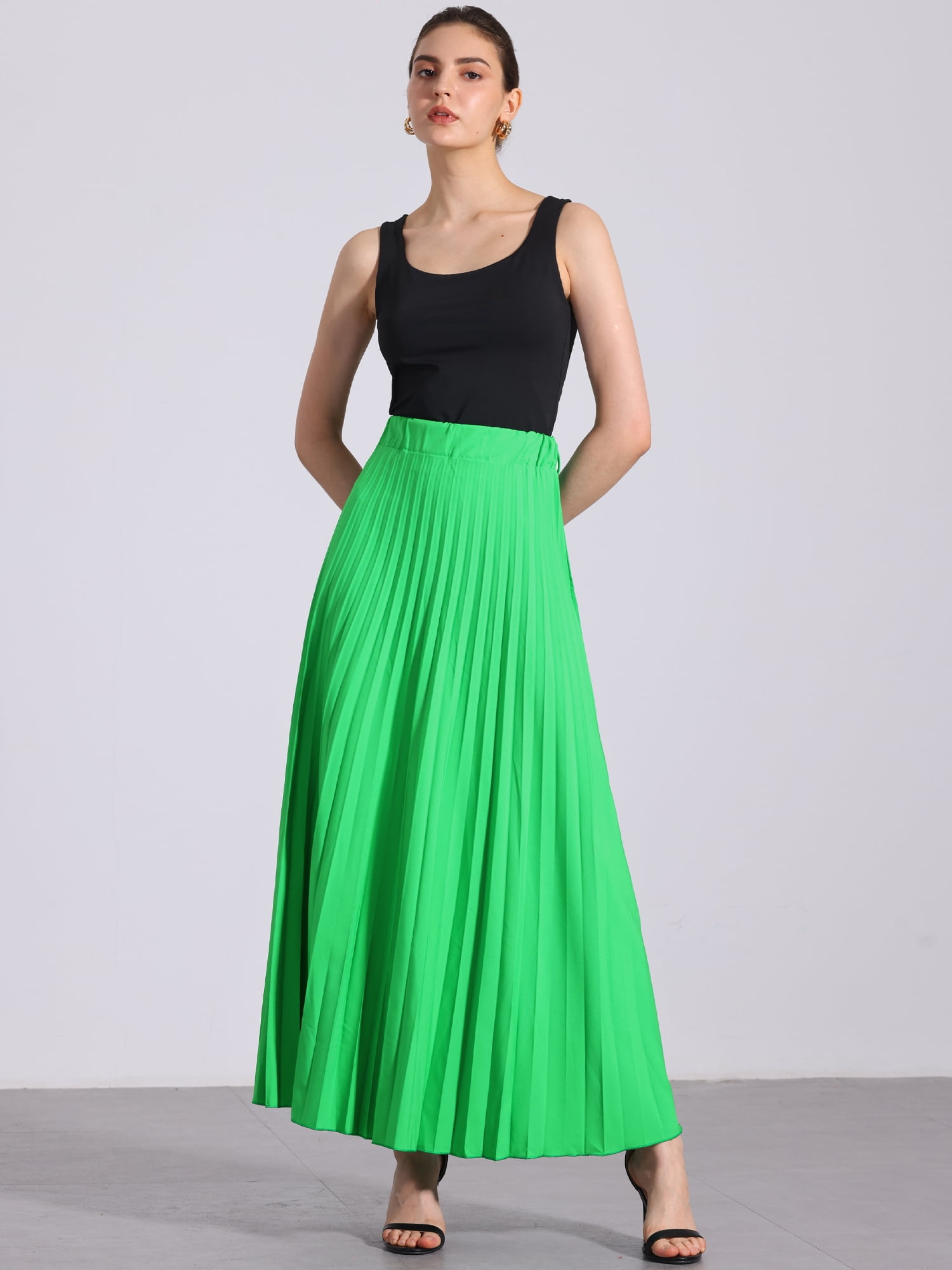 DARING DIVA Women's Elegnat Elastic High Waist Flowy A-Line Maxi Skirt 2XL Green