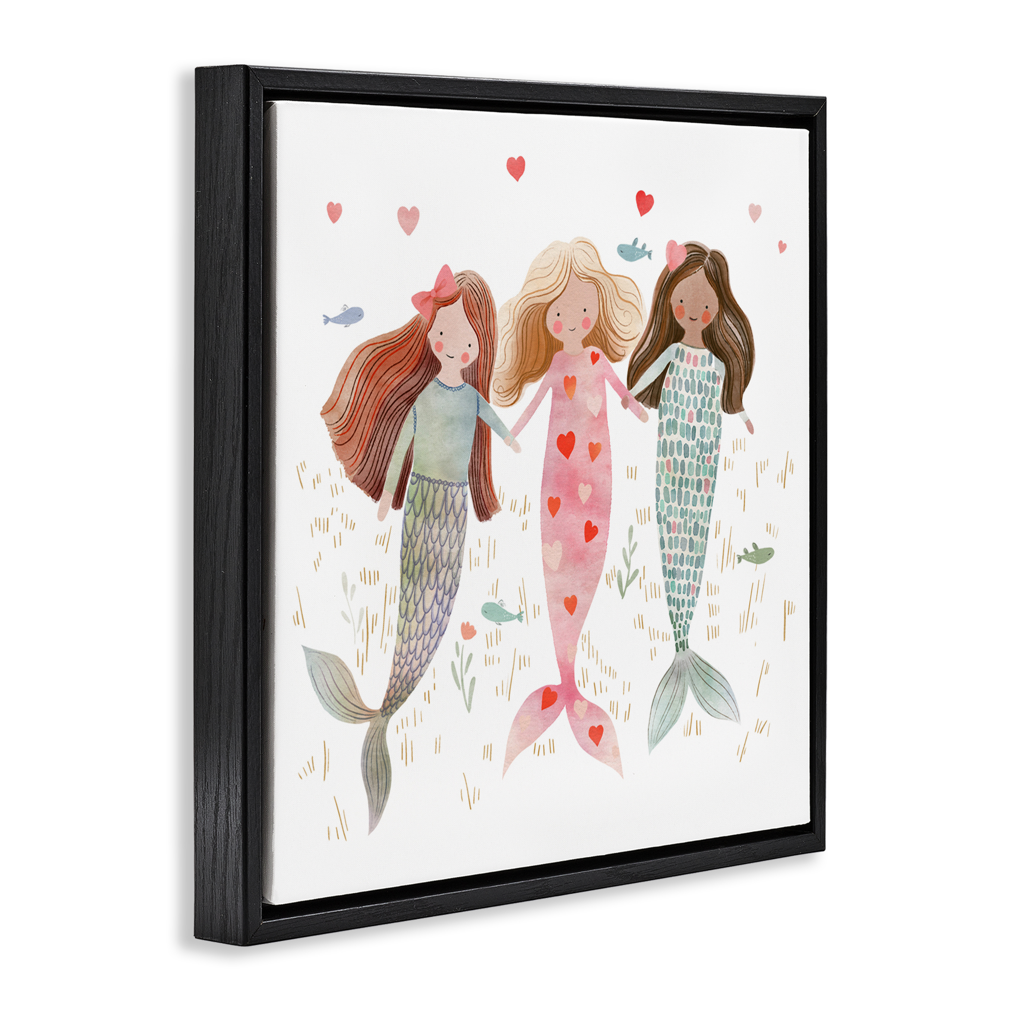 Trio of Mermaids Friendship Black Framed Floater Canvas Wall Art, design by Leah Straatsma