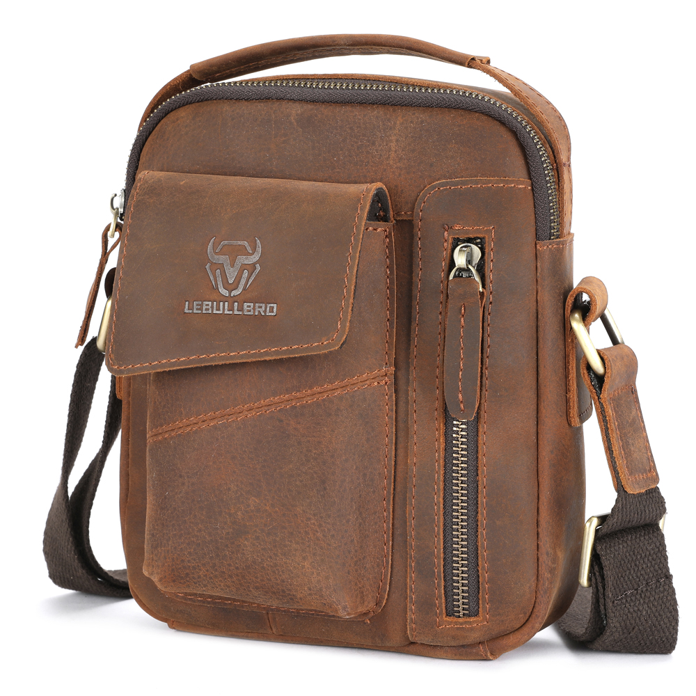LEBULLBRO Retro Men's Sling Leather Shoulder Crossbody Bags Vintage Medium Handbag