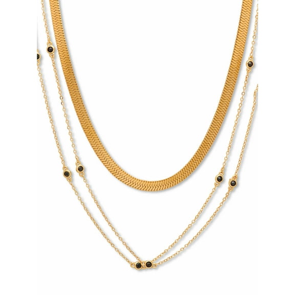 PalmBeach Jewelry Goldtone Herringbone and Multistrand Black Crystal Station Layered Necklace Set 18-20.5 Inch