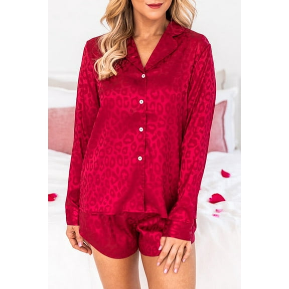 2pcs Satin Leopard Long Sleeve Top and Shorts Lounge Set