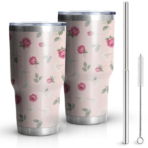 30oz Pioneer Flower Floral Print Pattern Tumbler, Double Wall Vacuum Insulated Cup, BPA-Free Leak Proof Lid & Reusable Straws, Hot 12h, Cold 34h