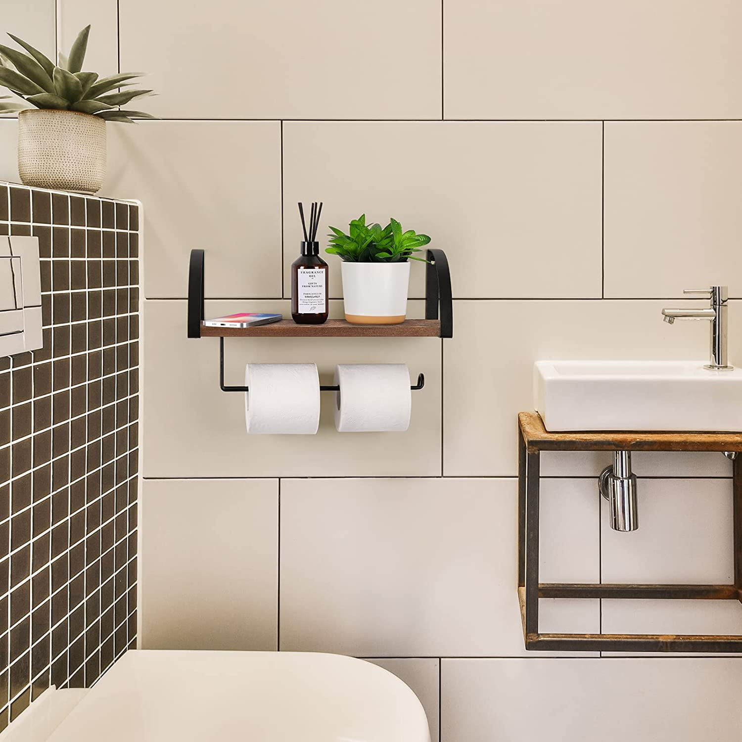 Wall Mounted Paper Towel Holder with Wood Shelf, Rustic Brown