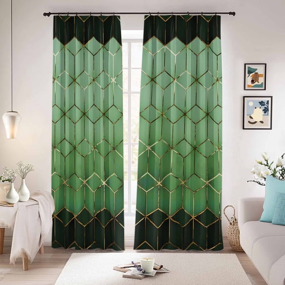 Green Geometric Blackout Curtains for Bedroom/Living Room, Pinch Pleated Black Out Curtains, Ombre Modern Abstract Art Room Darkening Window Drapes with Hooks 2 Panels, 59"x70"
