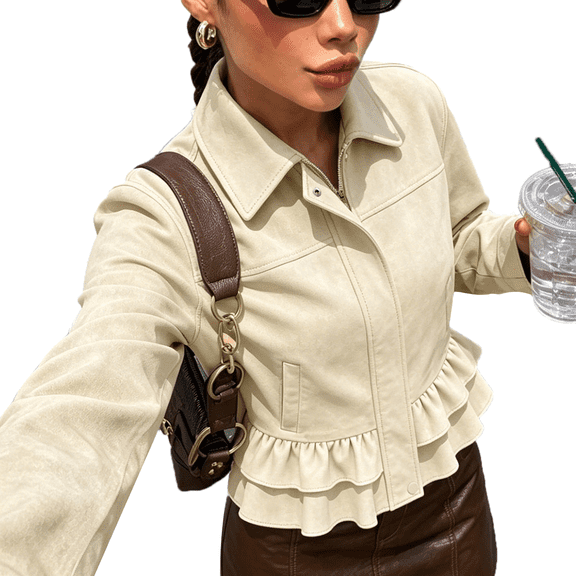 Women's Ivory Peplum Jacket Zip Front Long Sleeve Collared Tiered Ruffle Hem Casual Fall Outerwear