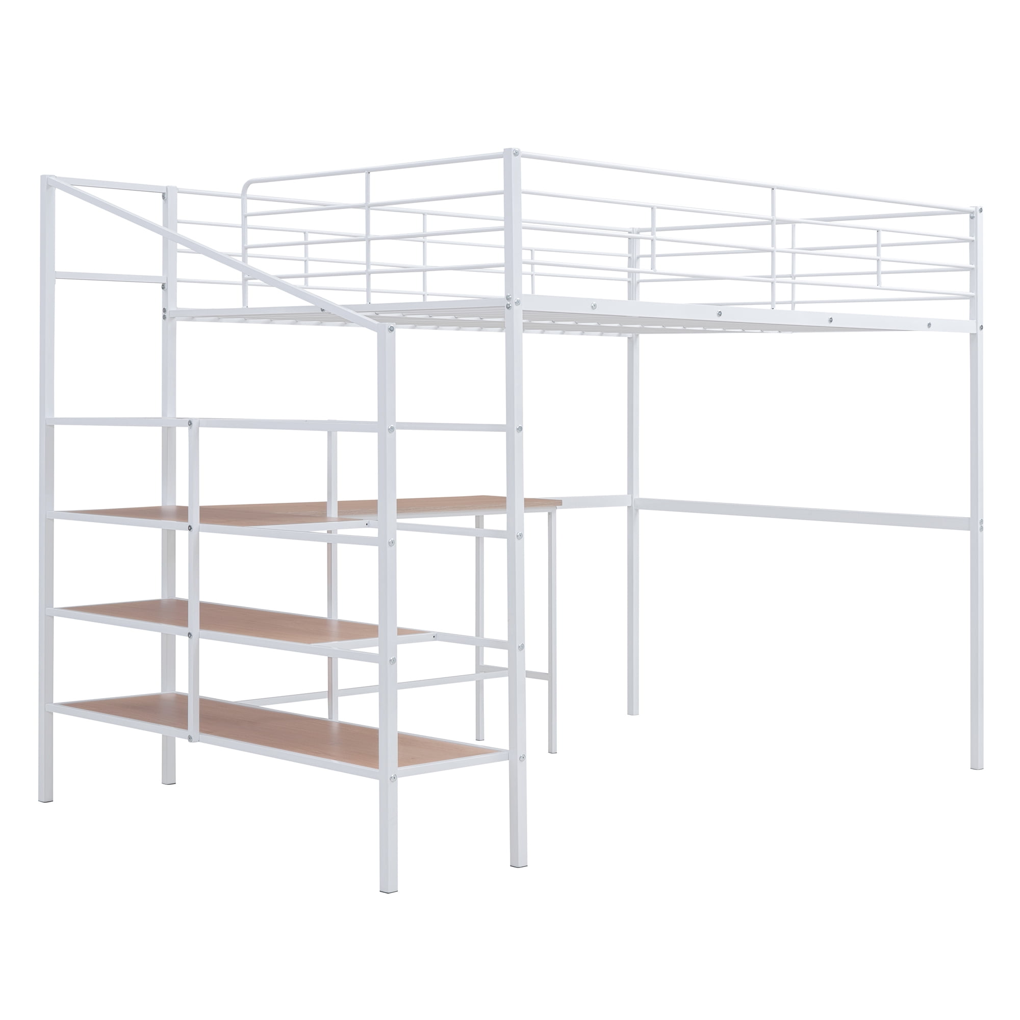 Full Size Loft Bed with Desk and Lateral Storage Ladder,Metal Loft Bed for Kids,White