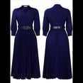 thumbnail image 3 of Vestido Plisado para Mujer, Cuello en V, Larga, Corte A, para Iglesia, Trabajo Formal, Negocios, con Cinturón Azul Oscuro M, 3 of 10