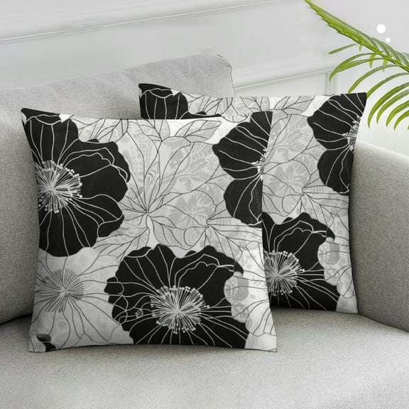 JRXY Black White Grey Floral Throw Pillow Covers Set of 2 Modern Accent Peony Flower Decor Soft Couch Cushion Cover for Bed Living Room Chair Sofa Pillow Cases 12x12in