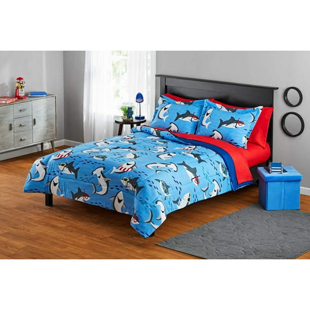 Your Zone Blue Sharks Full Bedding Set for Kids, Machine Wash, 7 Pieces
