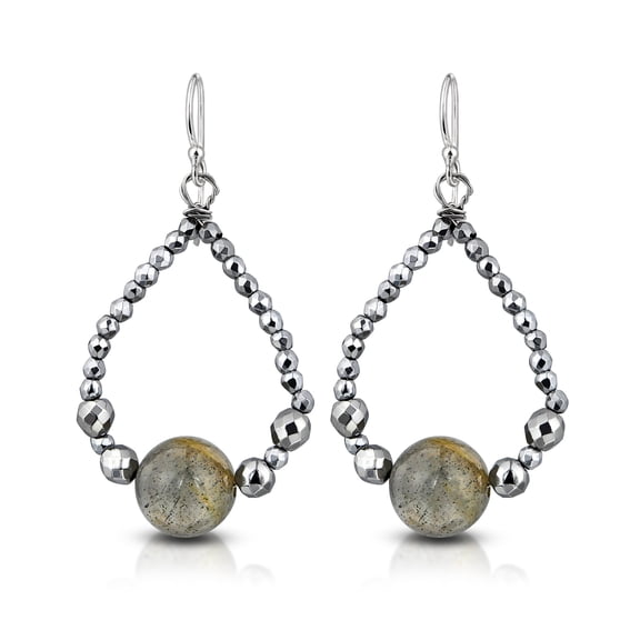 AeraVida Metallic Teardrop Silver Beads and Round Labradorite .925 Silver Dangle Earrings