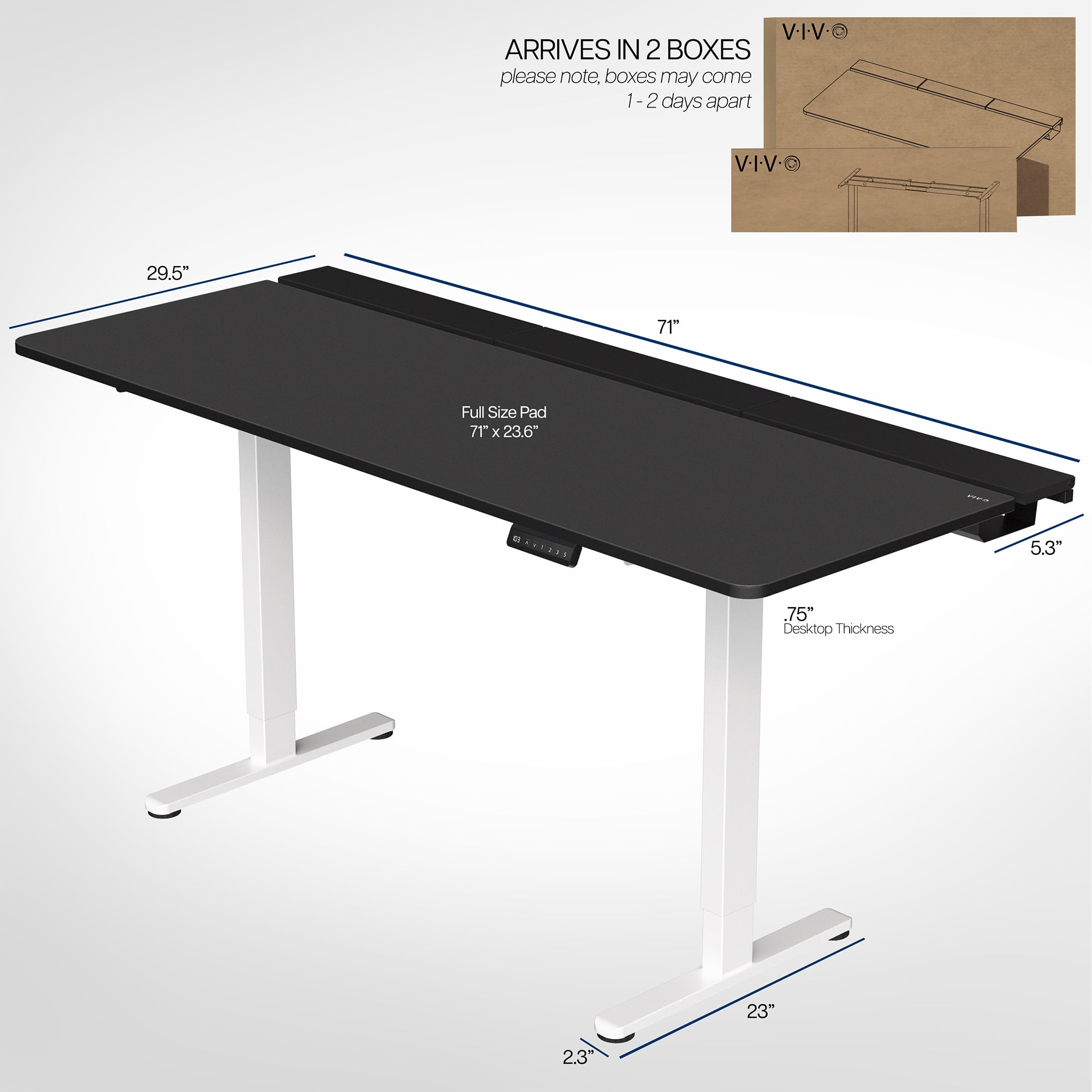 VIVO Electric 71" x 30" Desk, Full Pad, Black Hidden Cable Tabletop, White Frame