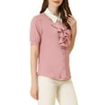 thumbnail image 4 of MODA NOVA Junior's Contrast Collar Tie Ruffle Button Short Sleeve Work Shirt Pink L, 4 of 5