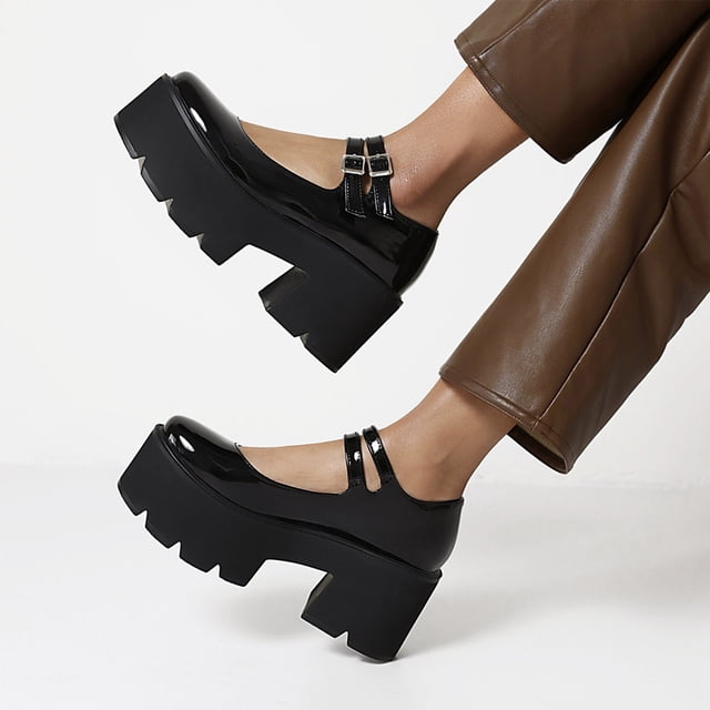 Zapatos de cuero para mujer, hebilla de cinturón de estilo británico, zapatos de tacón alto grueso informales para estudiantes, sandalias de punta redonda con correa en el tobillo de Color sólido Wmkox8yii hfjk2107