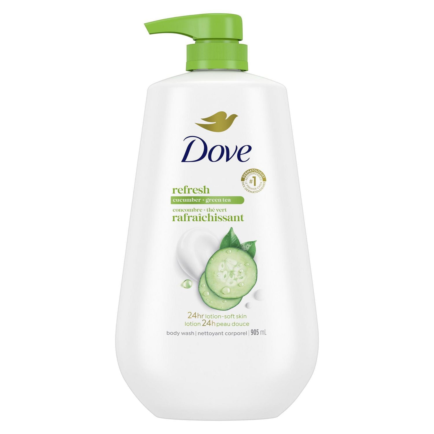 Dove Nettoyant Corporel avec Pompe Dove Rafraîchissant Concombre et Thé Vert, Hydratation 24h pour une Peau Douce comme une Lotion Nettoyant Corporel 905ml