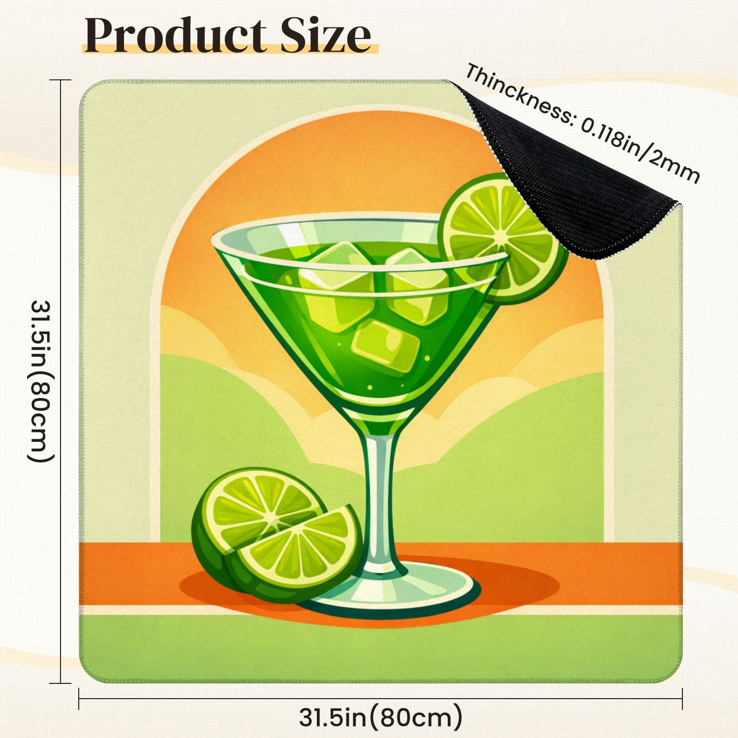 Mahjong Mat 31.5" x 31.5" Vibrant Green Cocktail Lime Slices Ice Cubes Non-Slip Noise Reduction Mahjong Tiles Table Cover for Dominoes Poker Card Board and Tile Games
