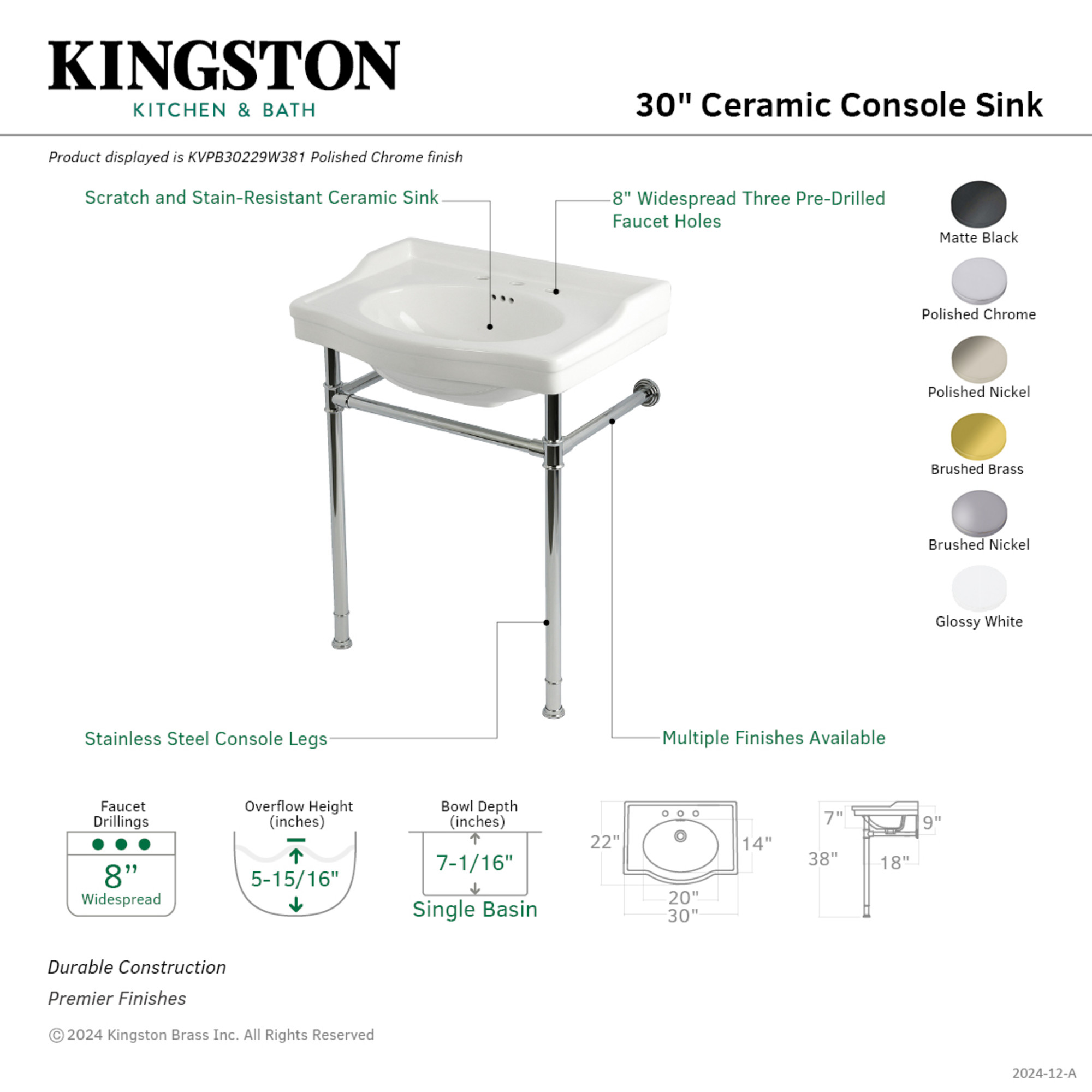 Kingston Brass KVPB30229W381 Victorian 30" Ceramic Console Sink with Stainless Steel Legs (8-Inch, 3-Hole), White/Polished Chrome