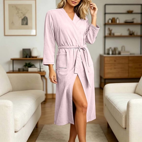 Mifsaly Bathrobes for Women Lightweight Spa Shower Robe with Belt and Pockets Pink,L