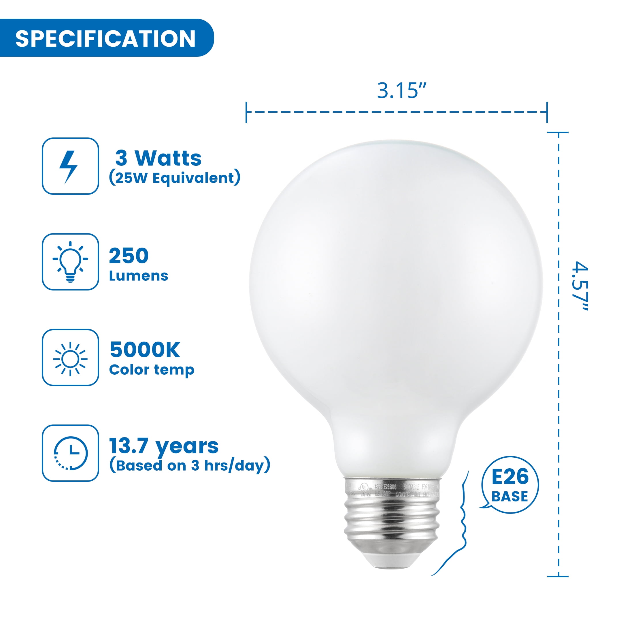 (2 pack) Great Value G25 LED Light Bulb, 3-Watt (25W Equivalent) Daylight White Dimmable E26 Base, 3-Pack (Title 20)