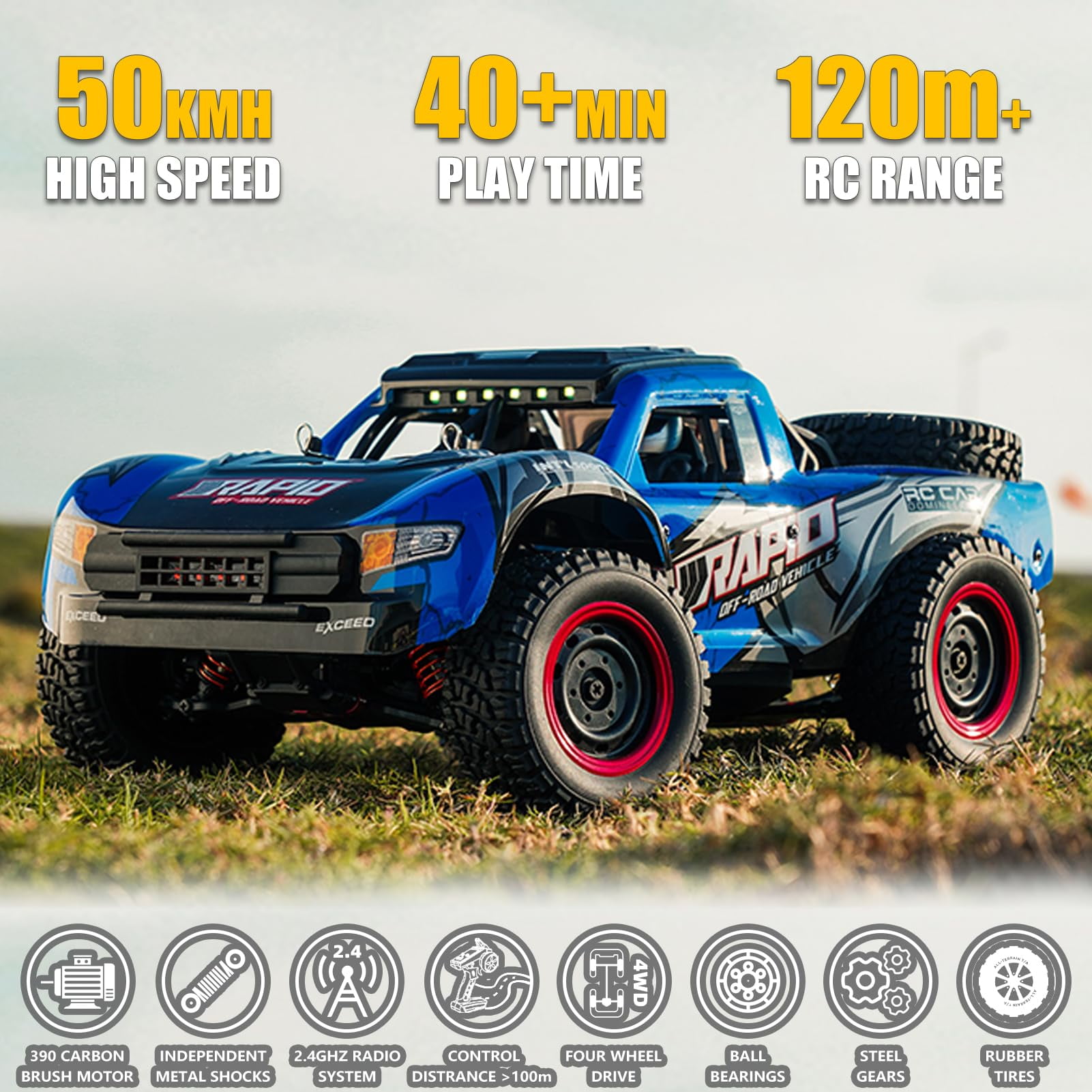 Q130 1:14 RC Truck 30 MPH 4WD All Terrain Trophy Car for Adults Teens, 50 Mins Play Fast Off-Road Buggy with 2 Batteries