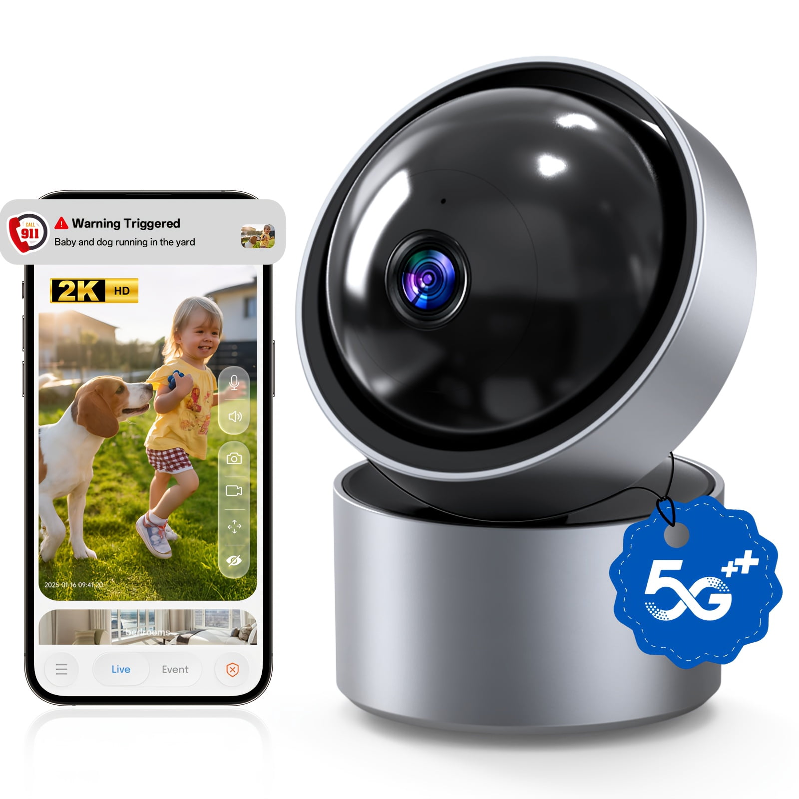 2K HD Smart Globe Security Camera with Audio, 360° Night Vision, Motion Detection for Indoor/Outdoor, Pet & Baby Monitor, Home Surveillance Gift