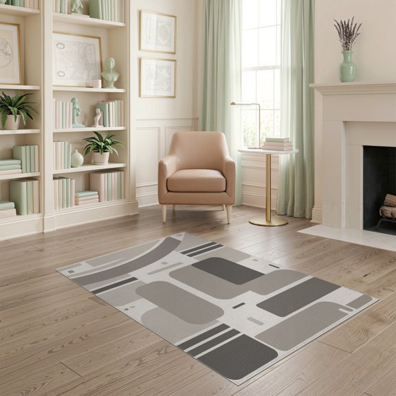 ODIKA 4'x6' Gray Beige Blue Geometric Slate Design Washable Area Rug Modern Abstract Pattern with Accents Non-Slip, Chair-Friendly, Flatwoven for Home Office, Under Desk
