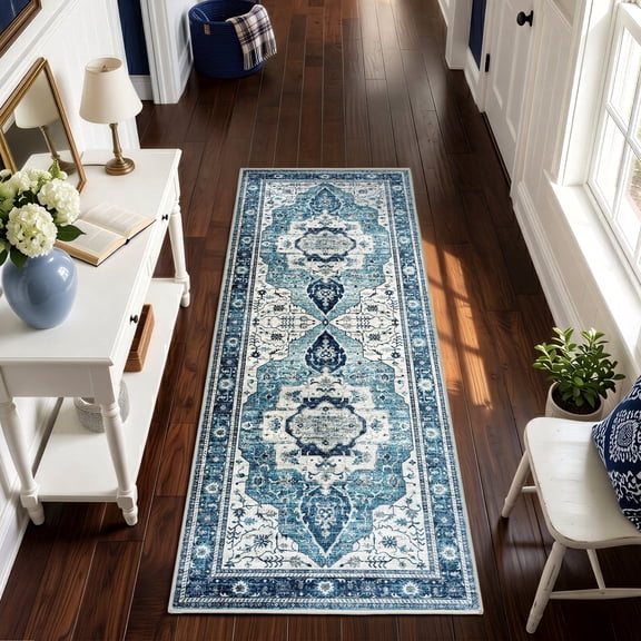 WANLISELL 2'x6' Hallway Runner Rug, Non Slip Washable Boho Kitchen Rugs, Distressed Soft Floor Carpet for Entryway, Bedroom, Laundry Room, Blue