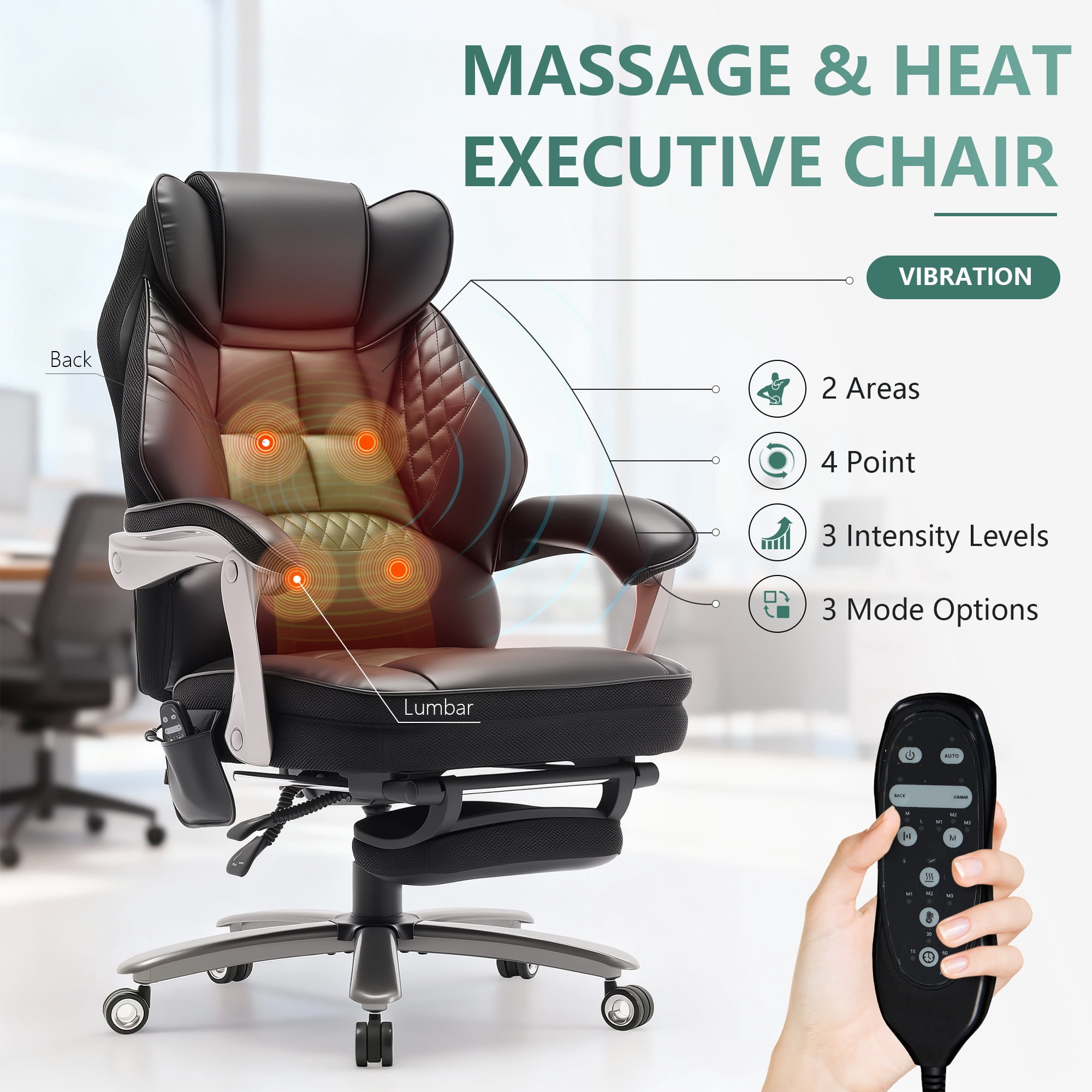 EOP Massage Office Chair with Heat and 4 Vibration Points, Ergonomic Executive Desk Chair with Adjustable Footrest, Big and Tall Swivel Computer Chair, Reclining Back, Black