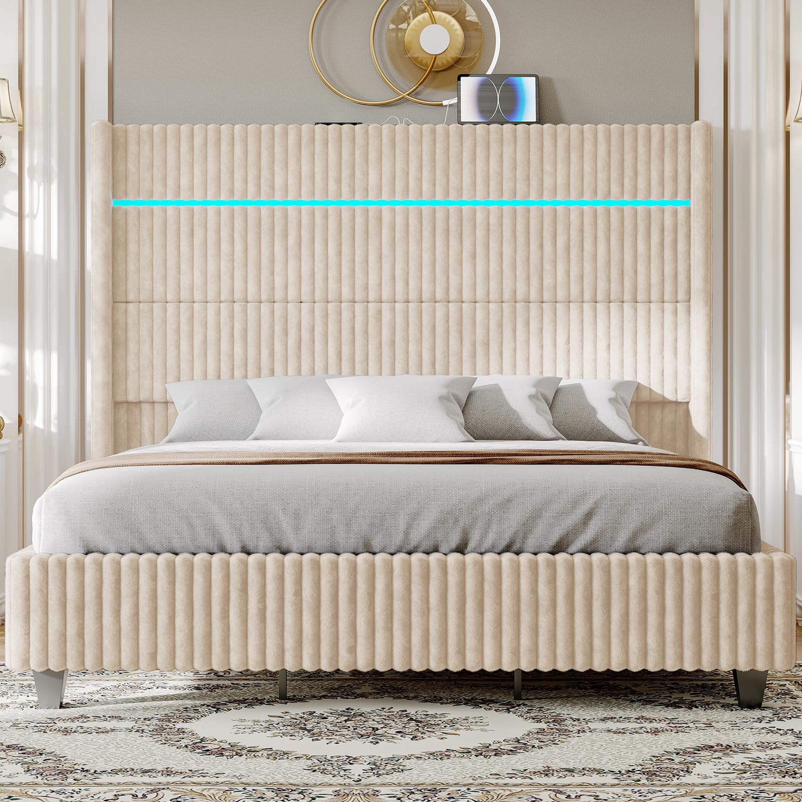 VanAcc Queen Bed Frame with LED Lights Charging Station, Corduroy Upholstered Platform Bed Frame with 60" Tall Wingback Headboard/Beige