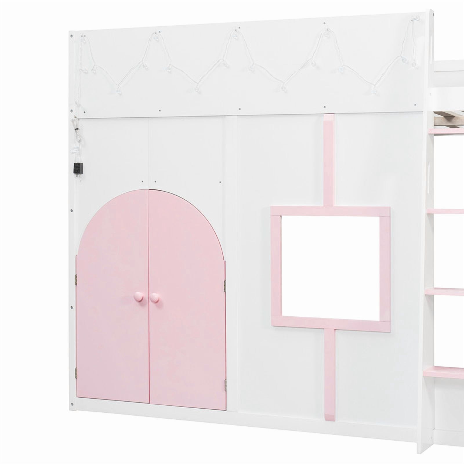Full Size Playful Child Loft Bed with Doors & Window, Wood Kids House Bed Frame with Light Strip & Built-In Ladder