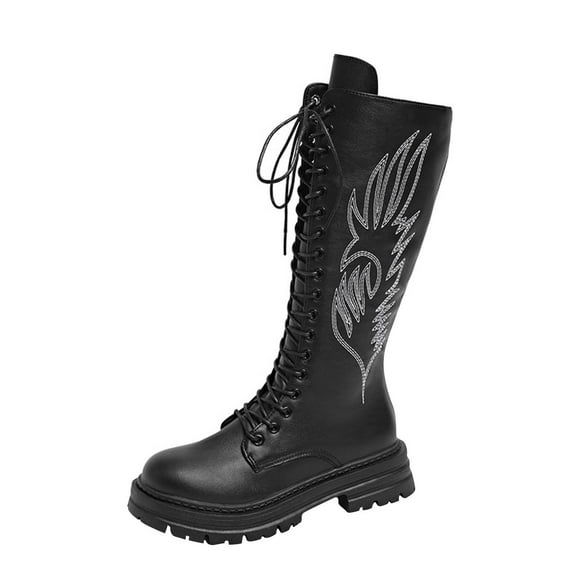 Black Women Knee High Boots With Embroidery Lace Up Front Platform Block Heel For Winter Wear