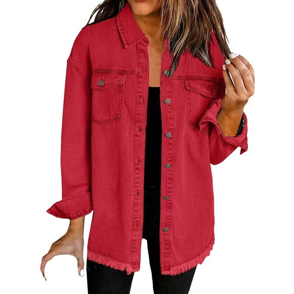 Yubnlvae Chemise en Denim Rouge Lavé Veste Mode Décontractée pour Femmes, P