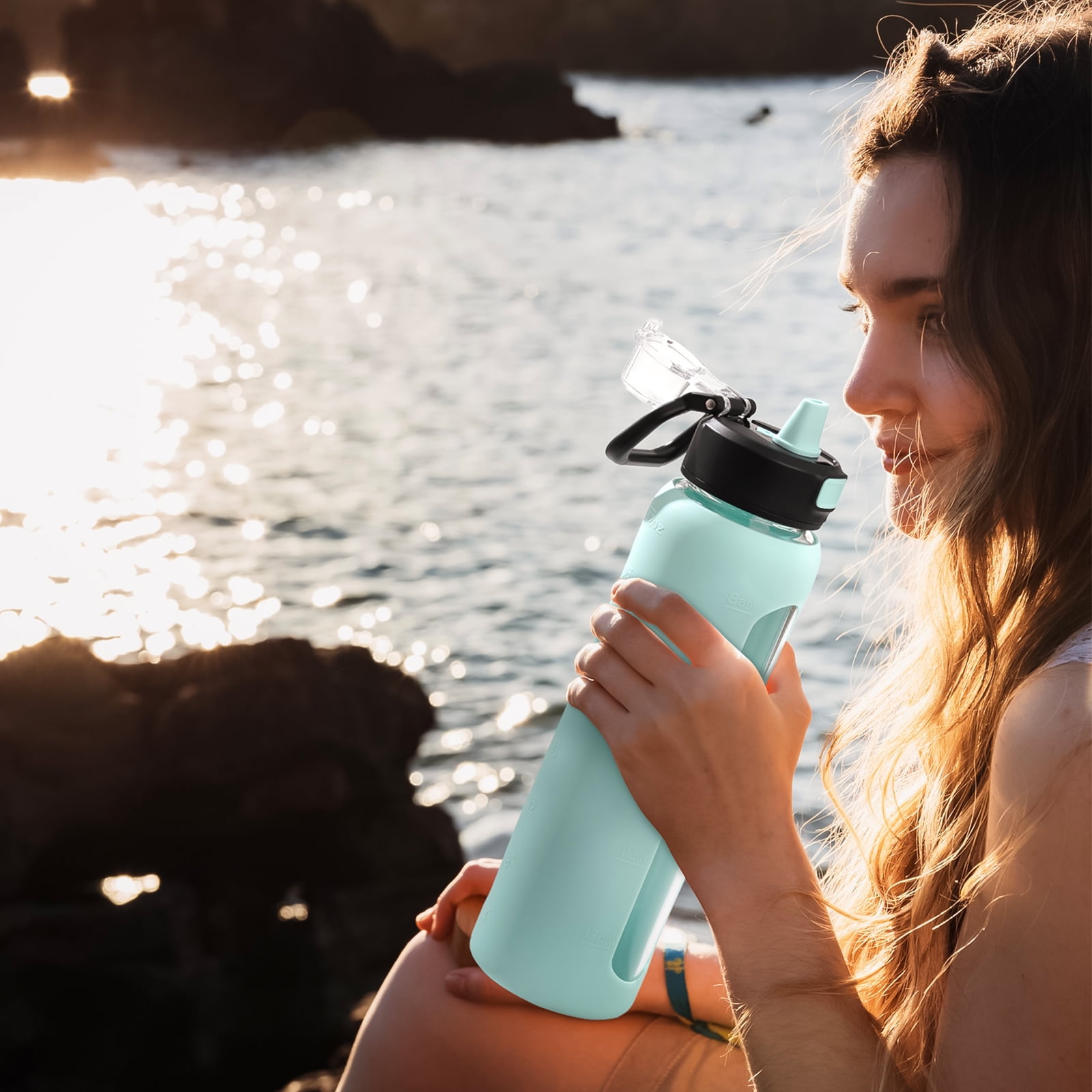MUKOKO Water Bottle, 32oz Glass Drinking Bottle with Straw, Motivational Water Bottle with Leak Proof Locking Lid , Travel Sports Water Jug with Water Marker, Light Blue