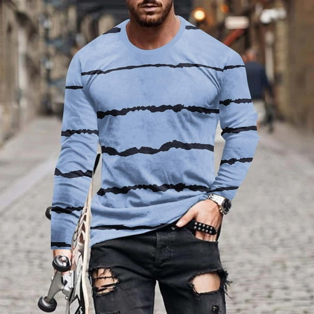 Blusas y camisas de manga larga con cuello redondo para hombre, blusa informal de manga larga con cuello redondo y estampado de rayas para hombre.