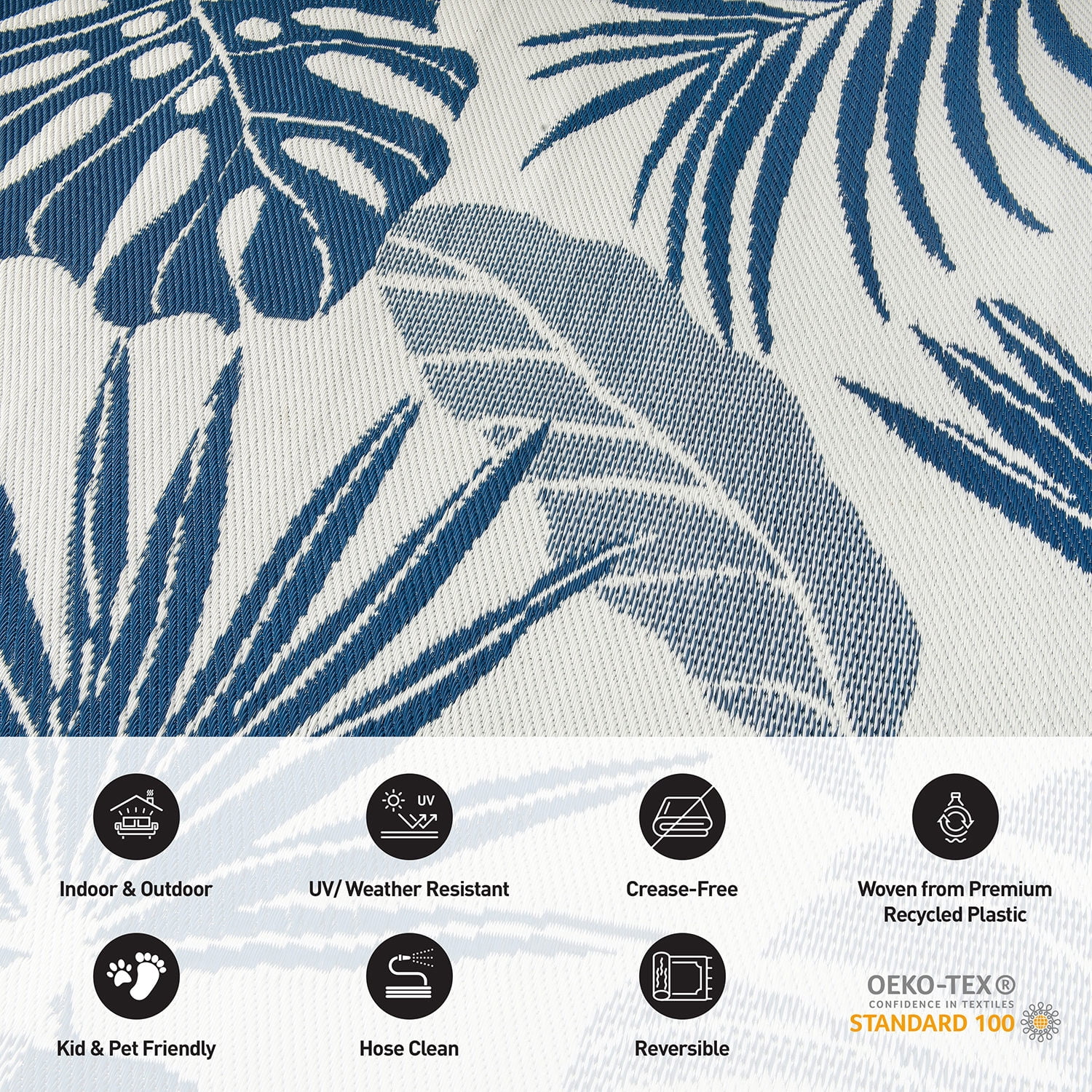World Rug Gallery Tropical Floral Leaf Reversible Recycled Plastic Outdoor Picnic Mat, Camping Rug, RV Rug - NAVY 5'x7'