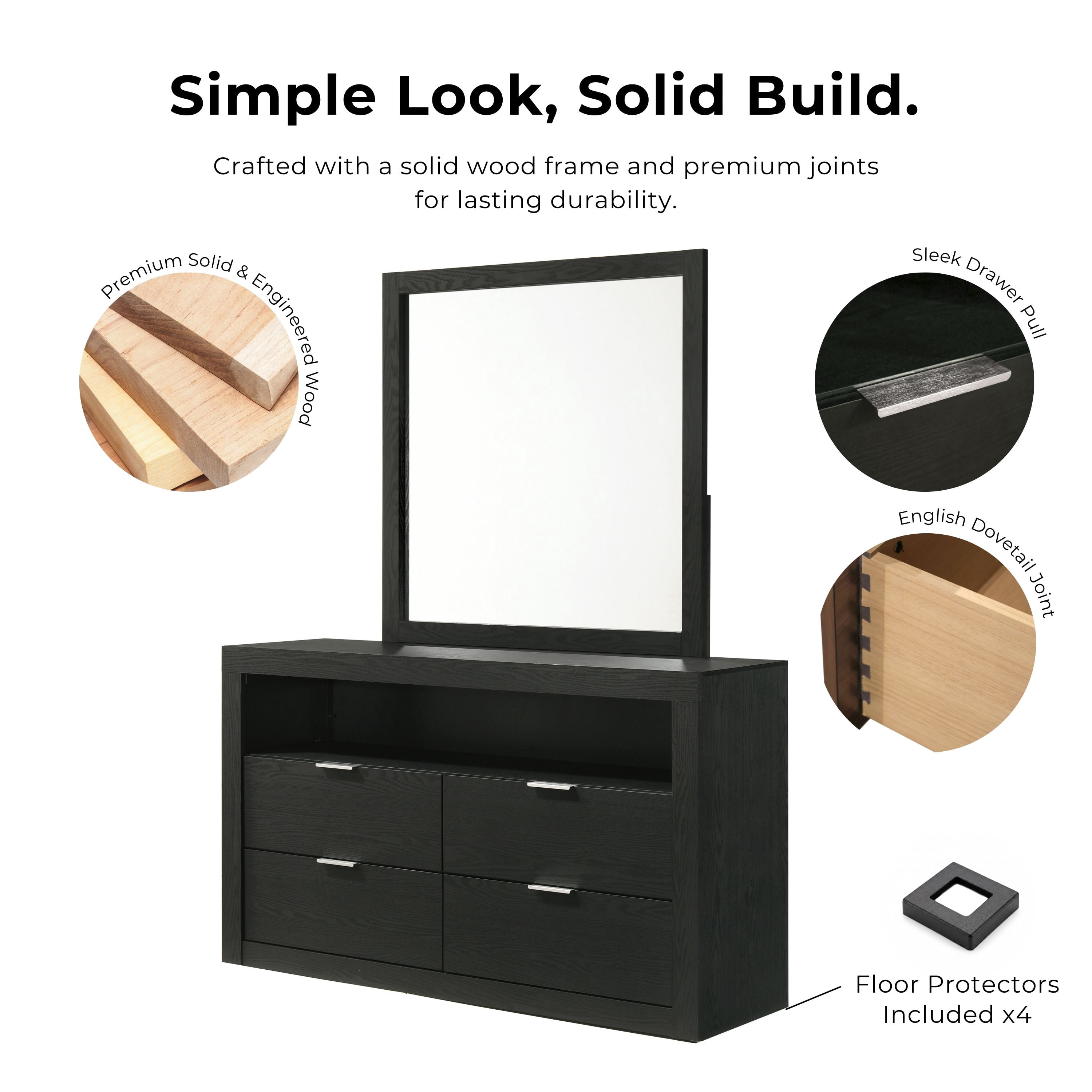 Furniture of America Talia Modern Solid Wood 4-Drawer Dresser with Mirror, Walnut