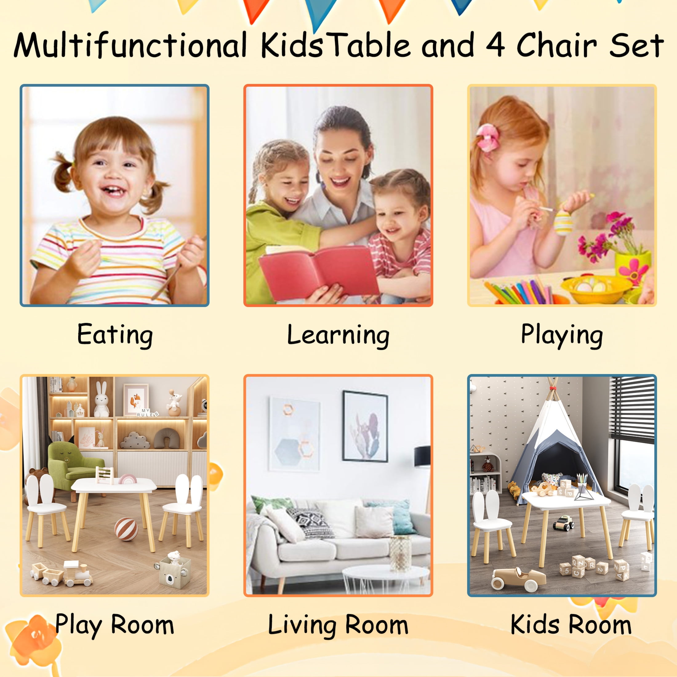 Noble House Kova Kids Table and 2 Rabbit Chairs Set, 3-Piece Wooden Toddler Activity Play Table Set for Bedroom, White