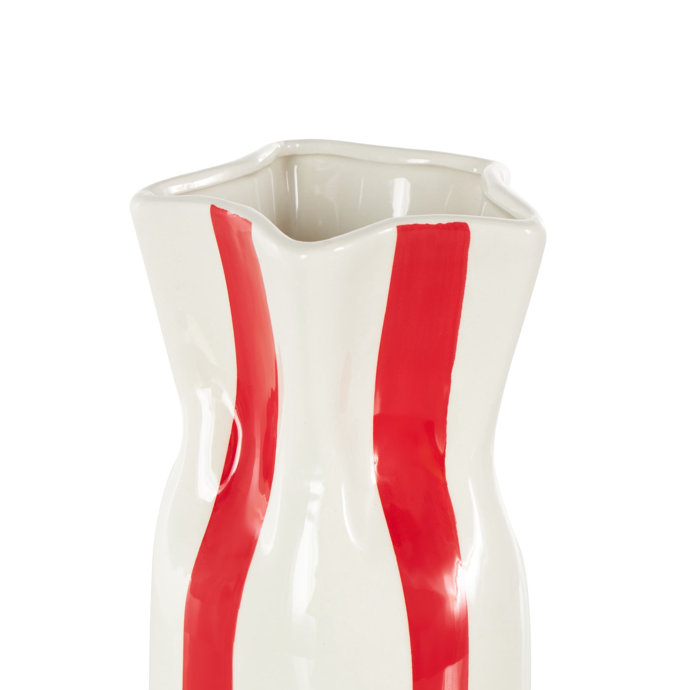 DecMode 12" Round Red Ceramic Vase with White Vertical Stripes
