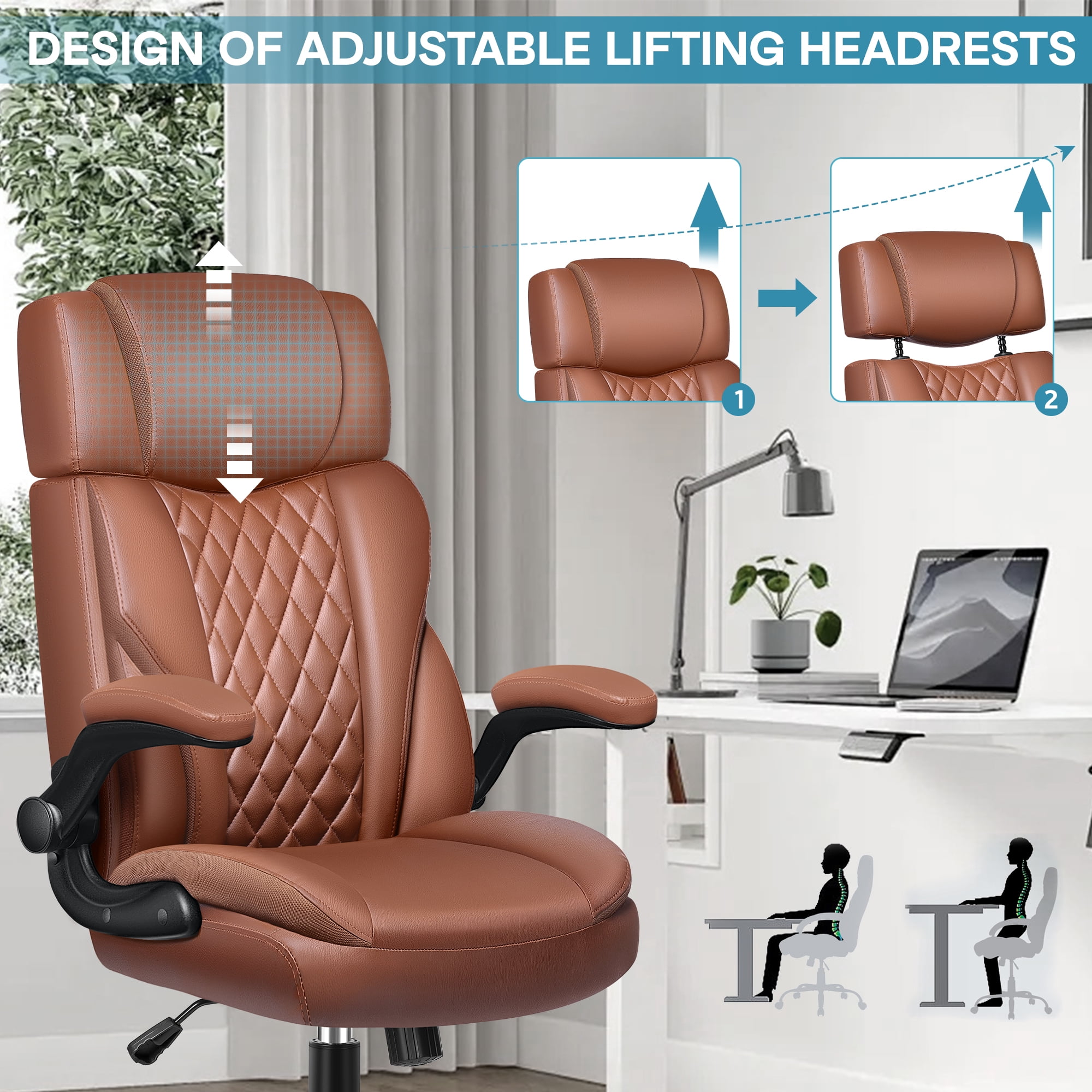 FelixKing Big and Tall  Office Chair, Leather Recliner, Adjustable Armrests on Desk Chairs , 500 LBS Weight Capacity, Adjustable Backrest/Headrest,BROWN