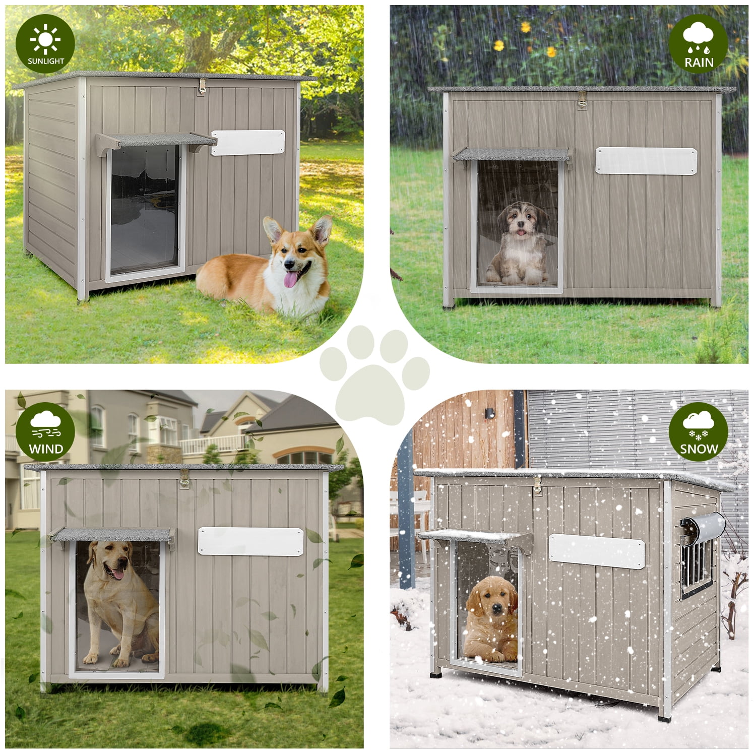 PETSCOSSET Outdoor Dog House Wooden Pet House - Openable Roof, Removable Floor - Gray