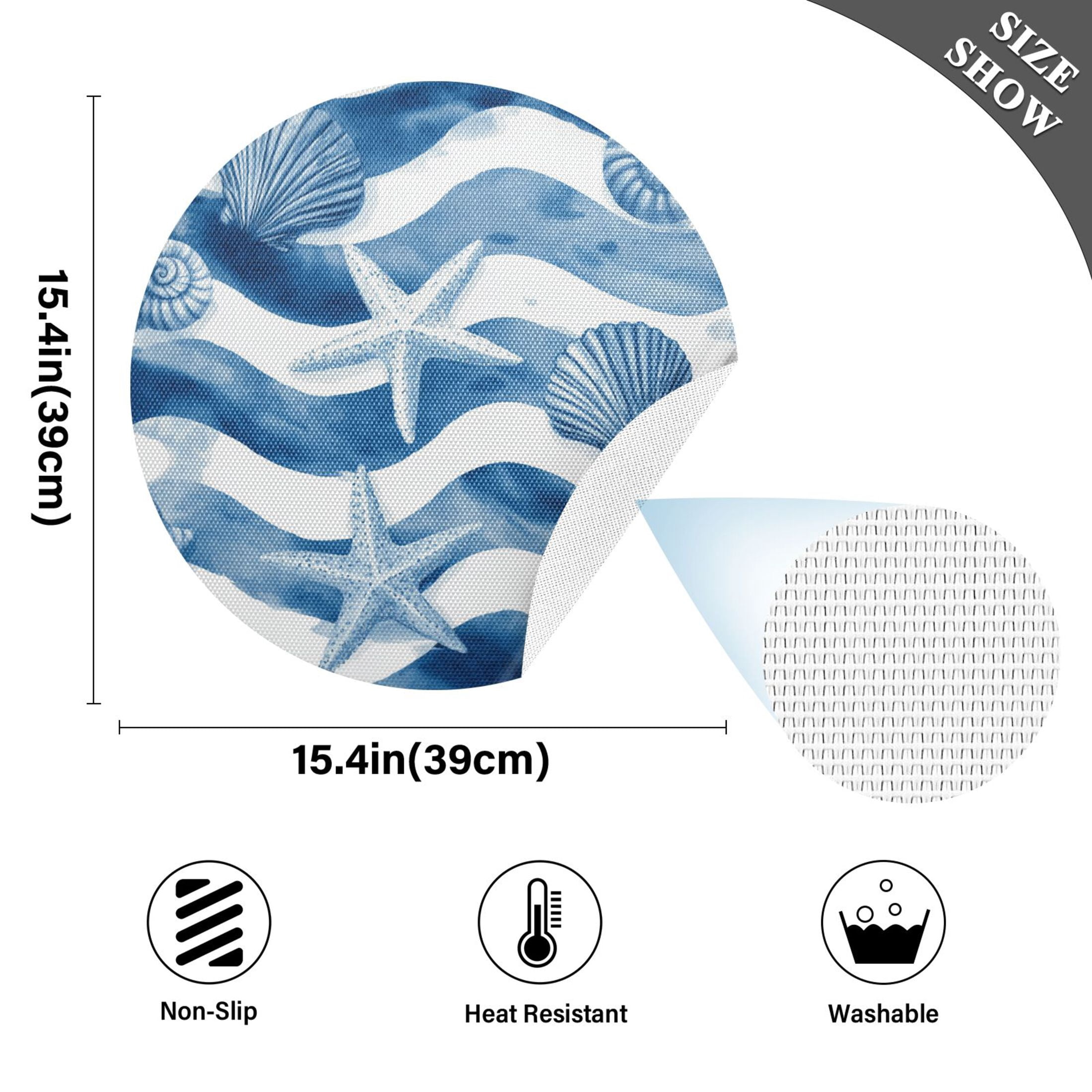 15.4 Inch Round Woven Placemats set of 6 for Dining Table Washable Heat Resistant Table Mats Non-Slip Washable Table Pad for Home Kitchen Decor Blue Watercolor Nautical Seamless Tile