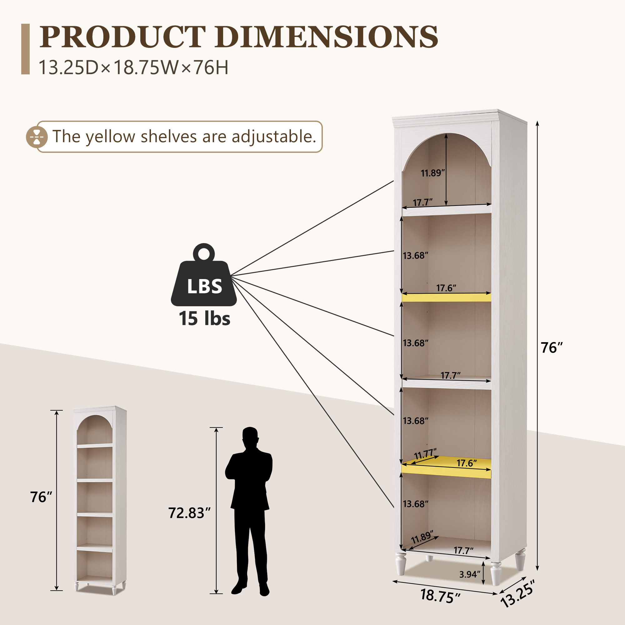SinCiDo Arched Bathroom Storage Cabinet with Adjustable Shelves, 5-Tier Narrow Bathroom Cabinet for Bathroom, Kitchen, Living Room, Cream