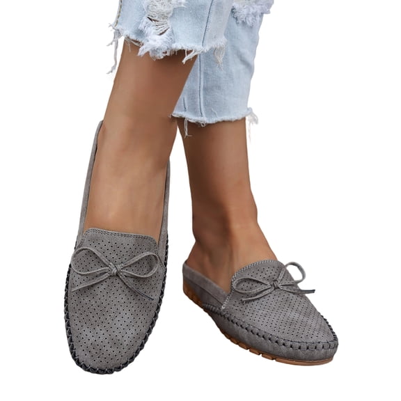 Bow Backless Loafer Mules for Women Soft Comfortable Dressy Slide on Shoes Women Lightweight Leather Closed Toe Mule Flats, 43