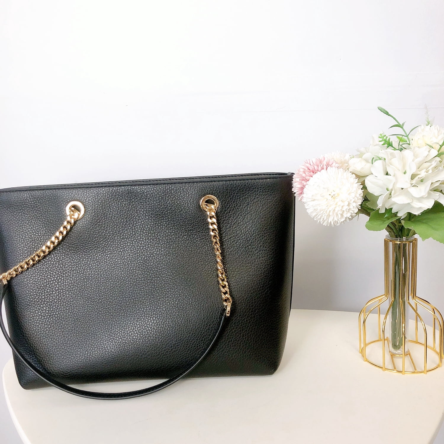 Michael Kors Jet Set Medium Black Leather Front Zip Chain Tote 