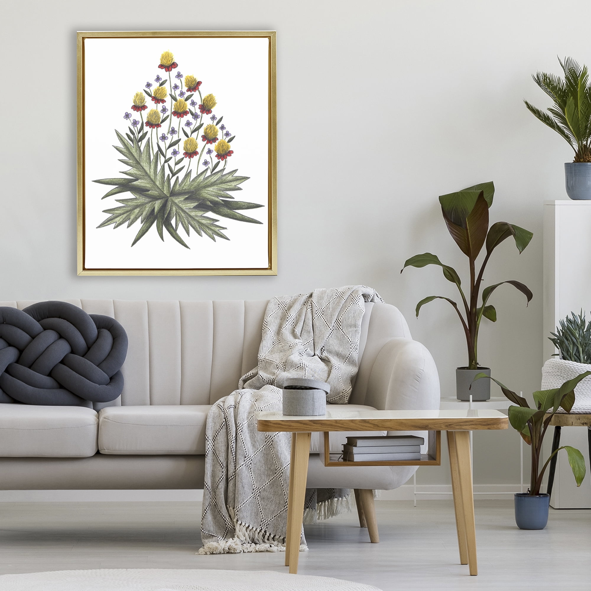 Yellow Leafy Wild Flowers Gold Framed Floater Canvas Wall Art, design by Cecilia Battaini