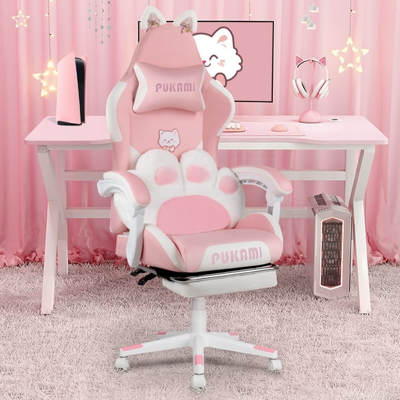 Waleaf Pink Gaming Chair with Cat Paw Lumbar Cushion and Cat Ears for Girls, Reclining Office Computer Chair with Footrest for Adults, Teens