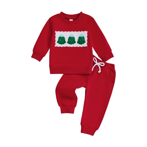 Splozh Baby Girl Christmas Outfit Childrens Christmas Set Baby Boys Cute Christmas Tree Embroidery Long Sleeved Pants Two Piece Set Red,6-12 Months