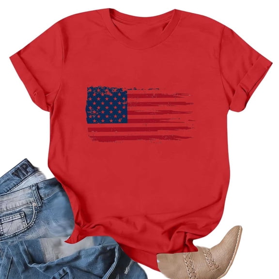 Basic Tees for Women Distressed American Flag Graphic Loose Fit Crew Neck Short Sleeve Summer Shirts Classic Patriotic Casual Daily Wear
