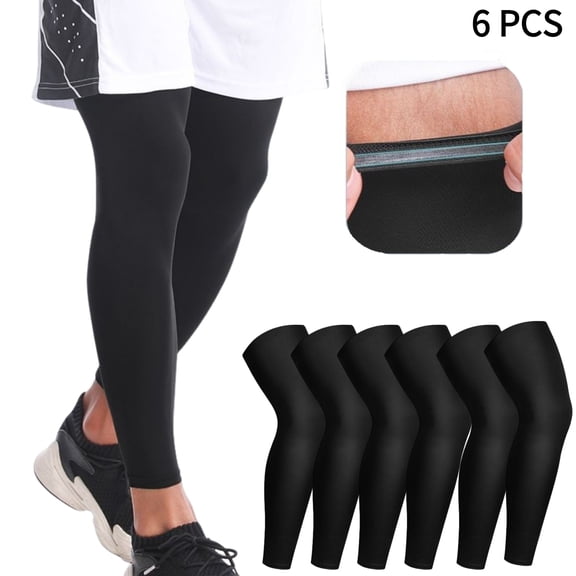 Ludolm 6 Pack Leg Sleeves Compression Long Knee Sleeve UV Protect for Men Women Sport Basketball Football, Black